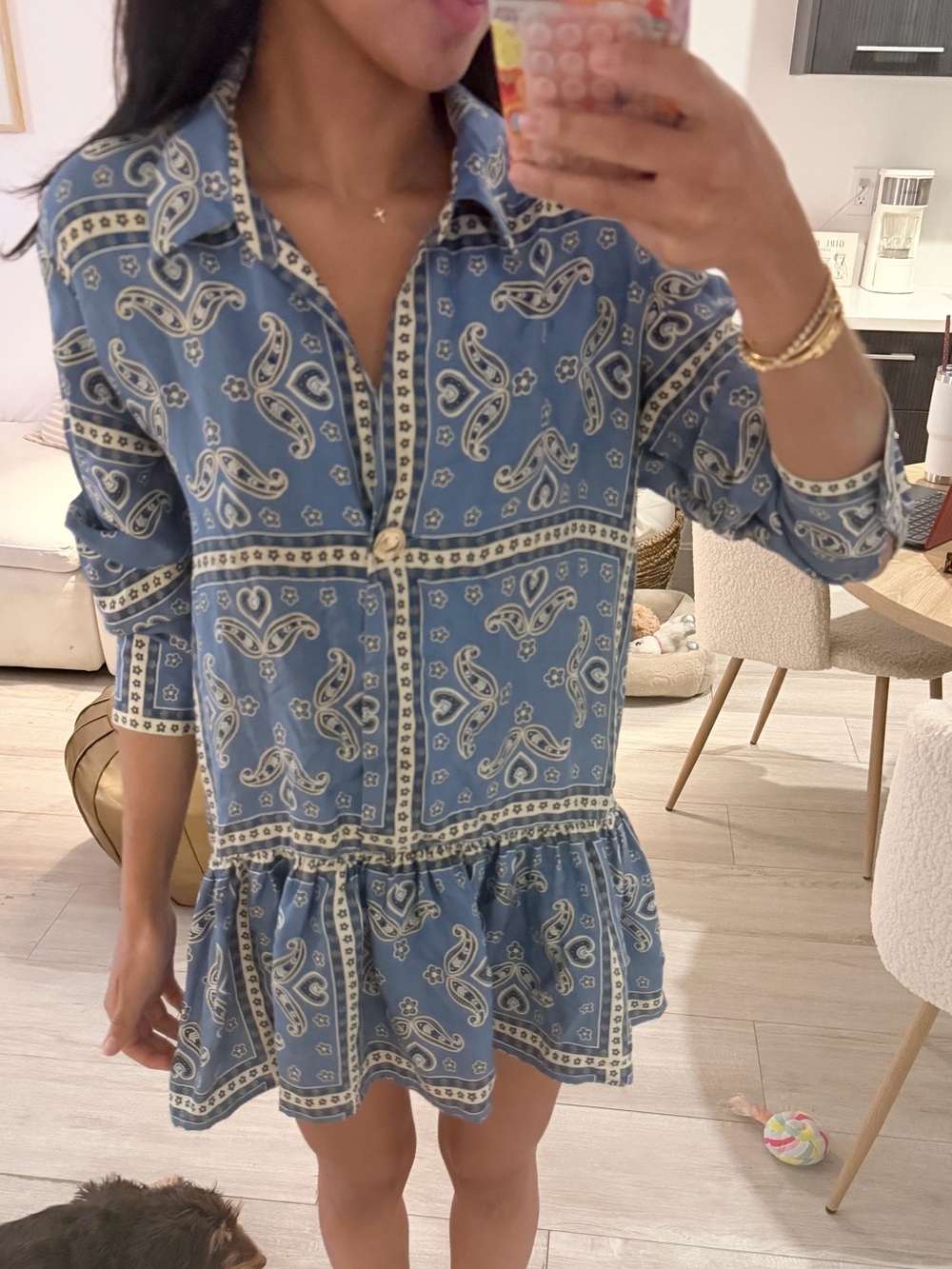 Maje Blue Paisley Print Ruffled Shirt Dress